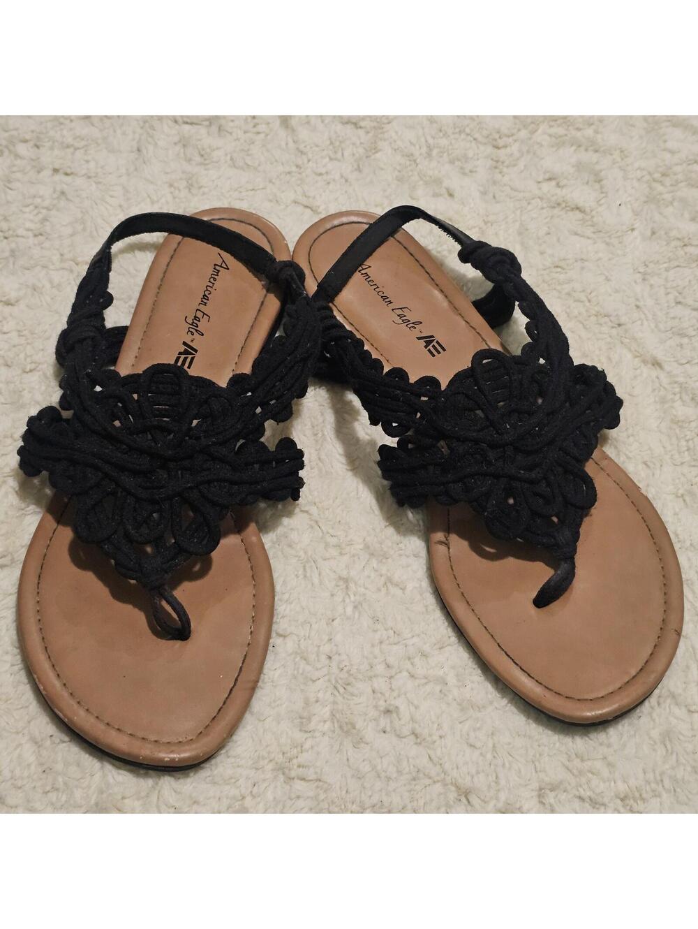 American Eagle Outfitters Black Macramé Thong Sandals 8.5